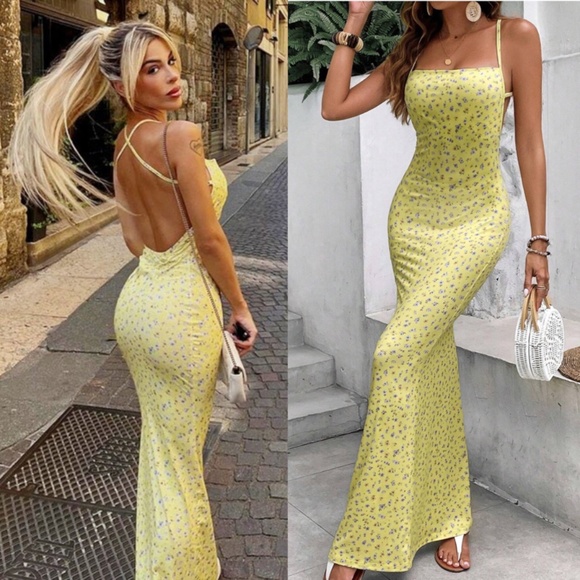 Yellow Floral Sheath Backless Maxi Dress - Picture 1 of 16